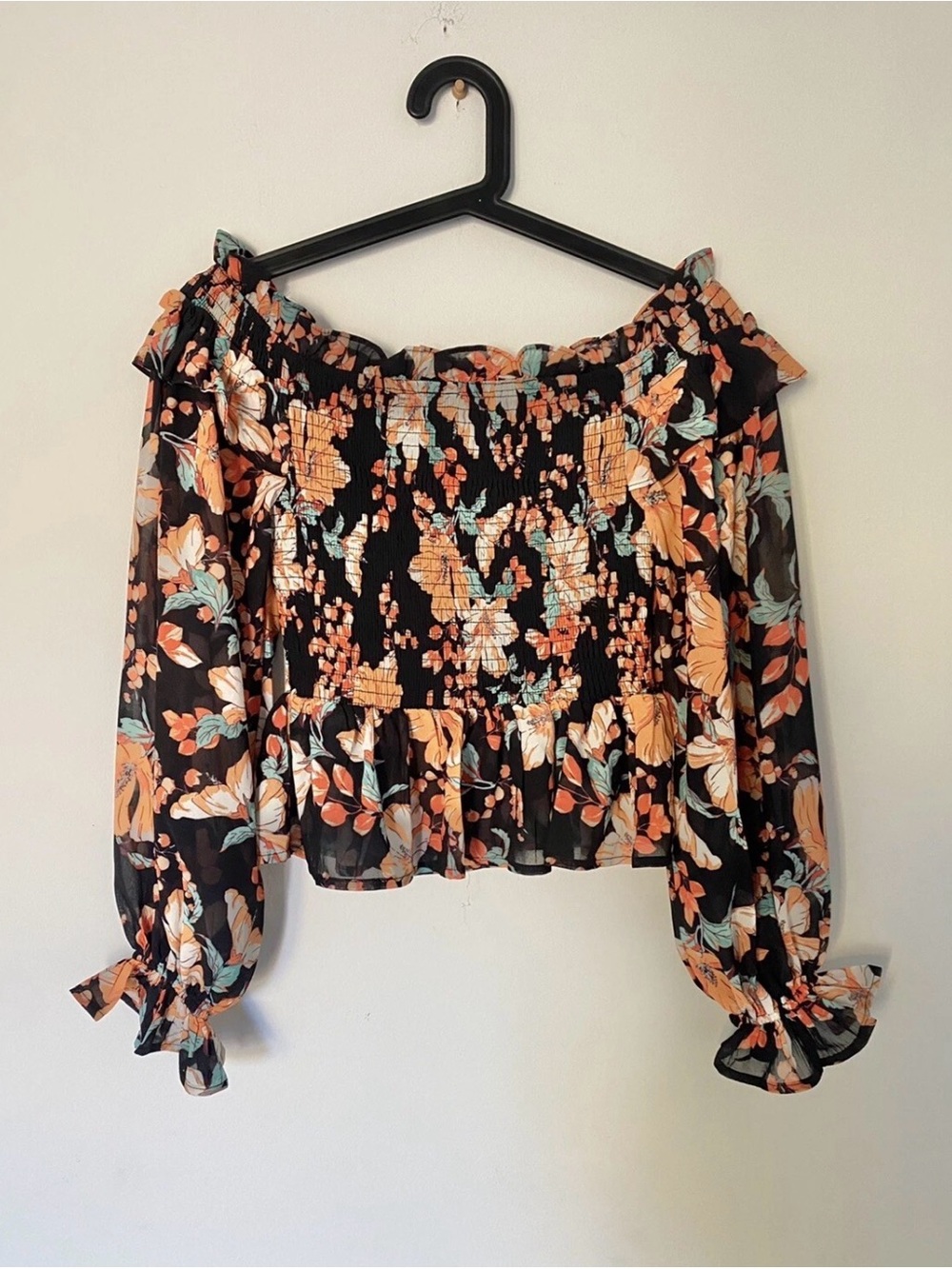 Flying Tomato Black Floral Off-Shoulder Blouse with Peach and Mint Accents